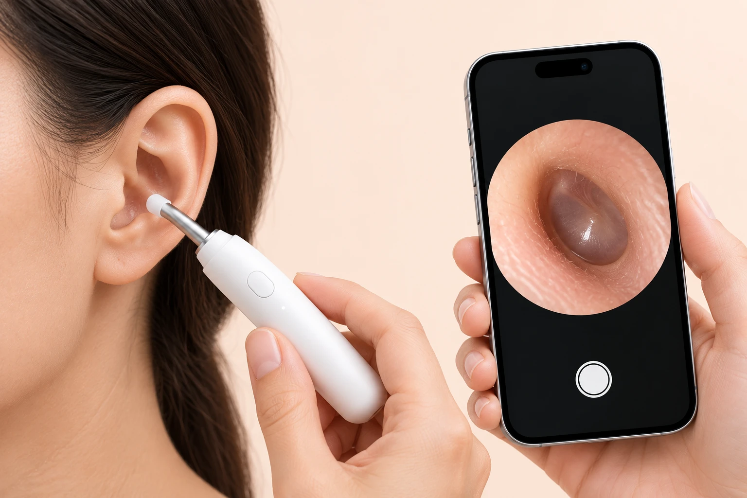 Wi-Fi otoscope used to observe an ear, with a magnified view on a phone